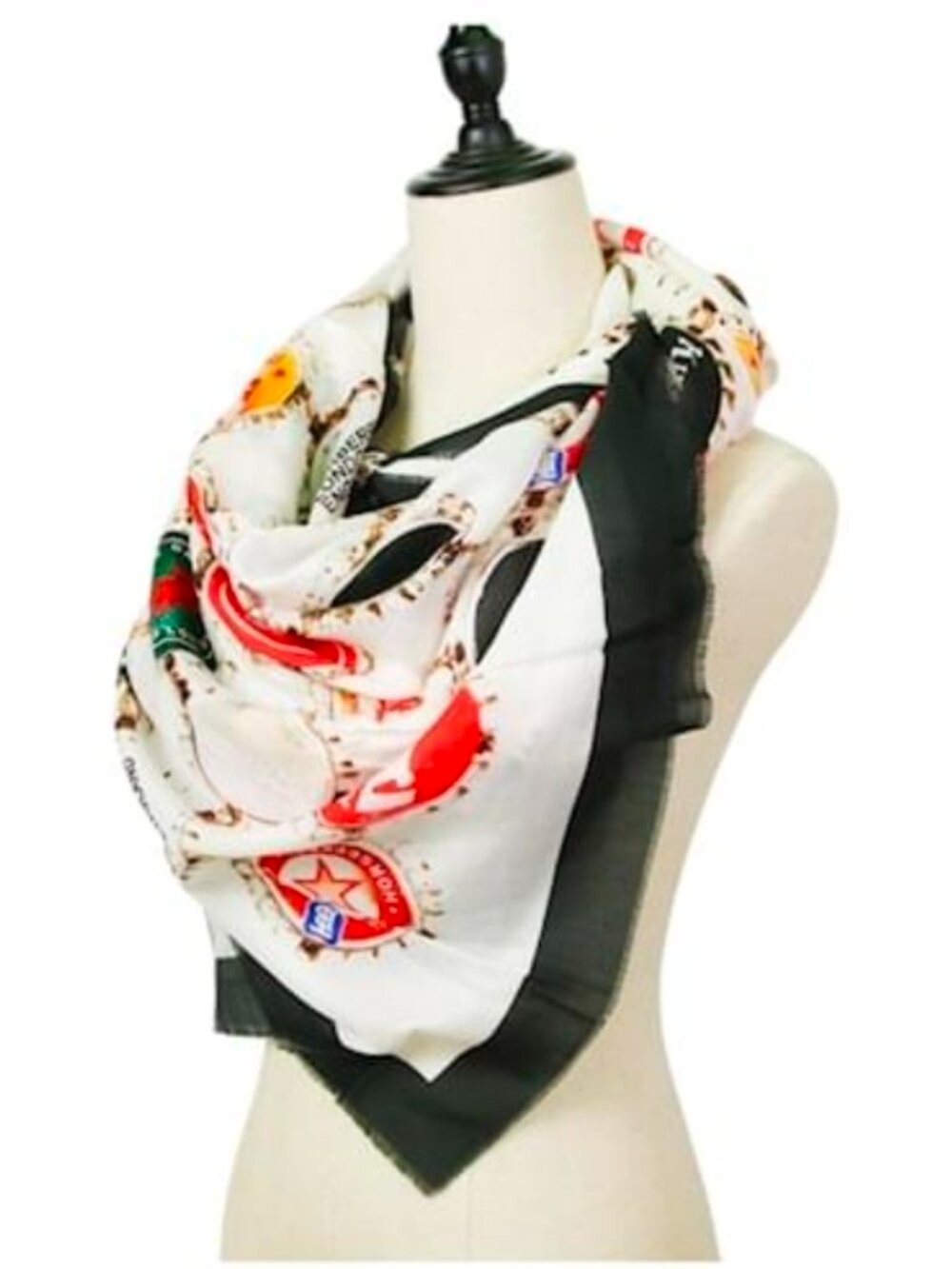 NWT Burberry Bottle Cap Print Silk Blend Scarf Black White Red - Picture 2 of 7